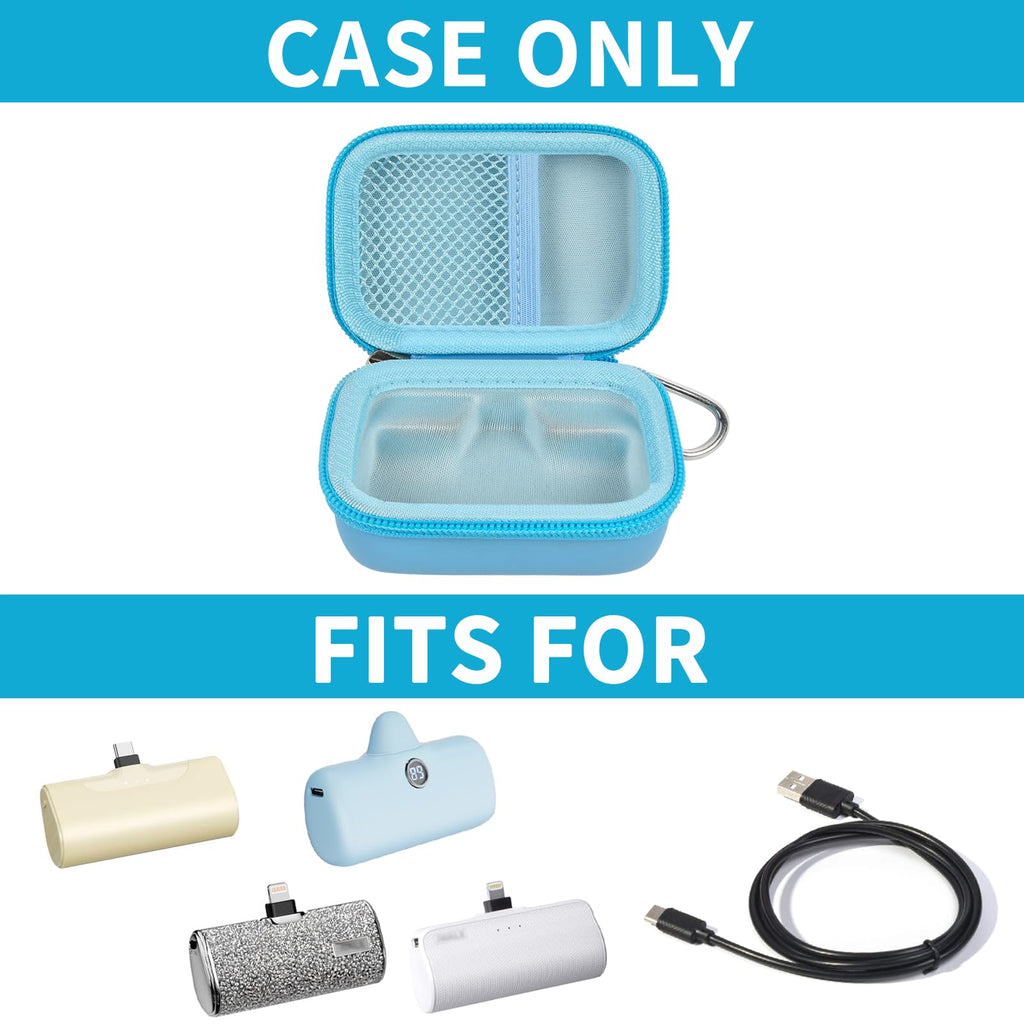 Open blue mini power bank case shown with compatible portable chargers; case only