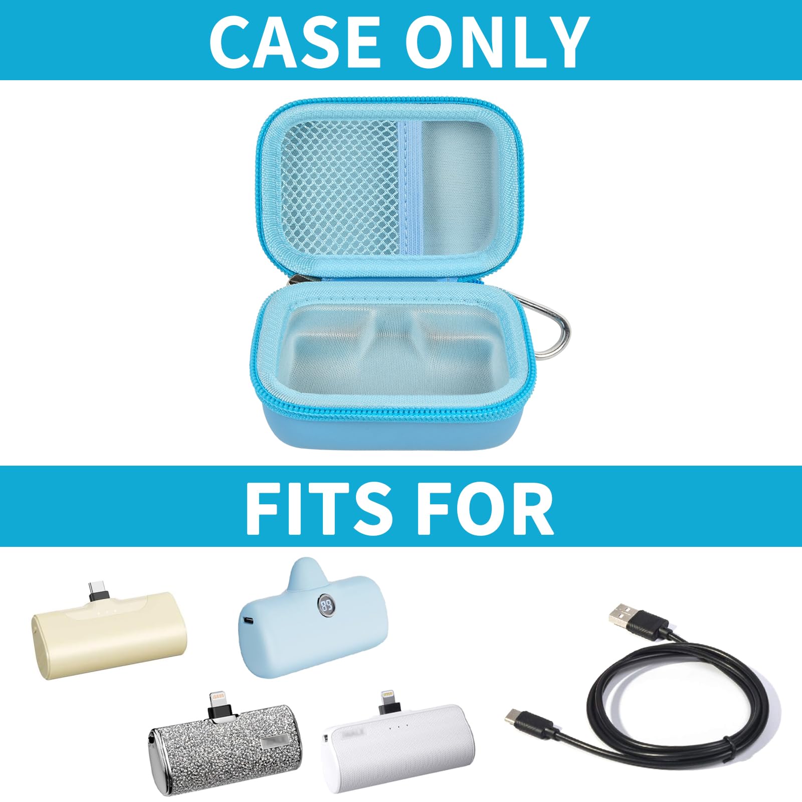 Open blue mini power bank case shown with compatible portable chargers; case only