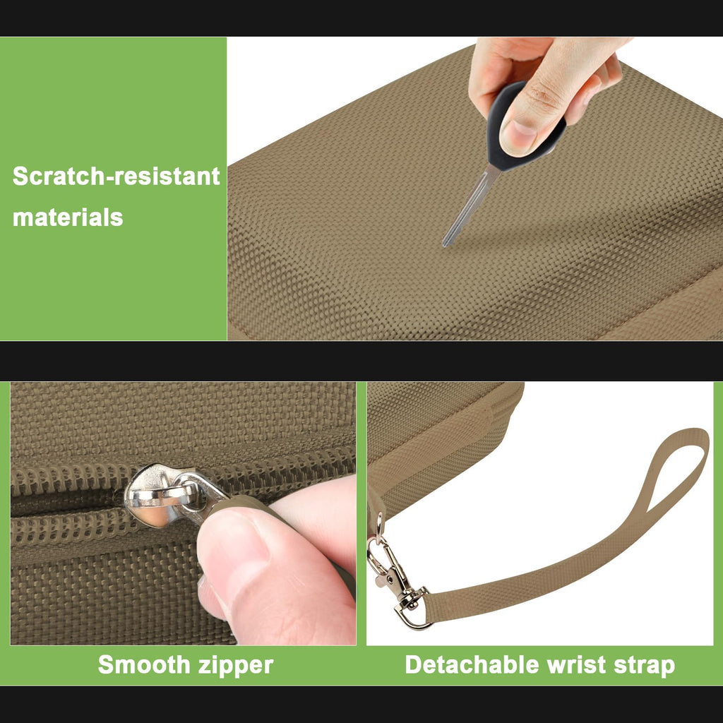 Khaki protective digital camera case scratch-resistant shell, zipper and wrist strap detail