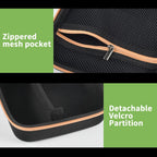 Black and tan label maker case interior with zippered mesh pocket and removable partition