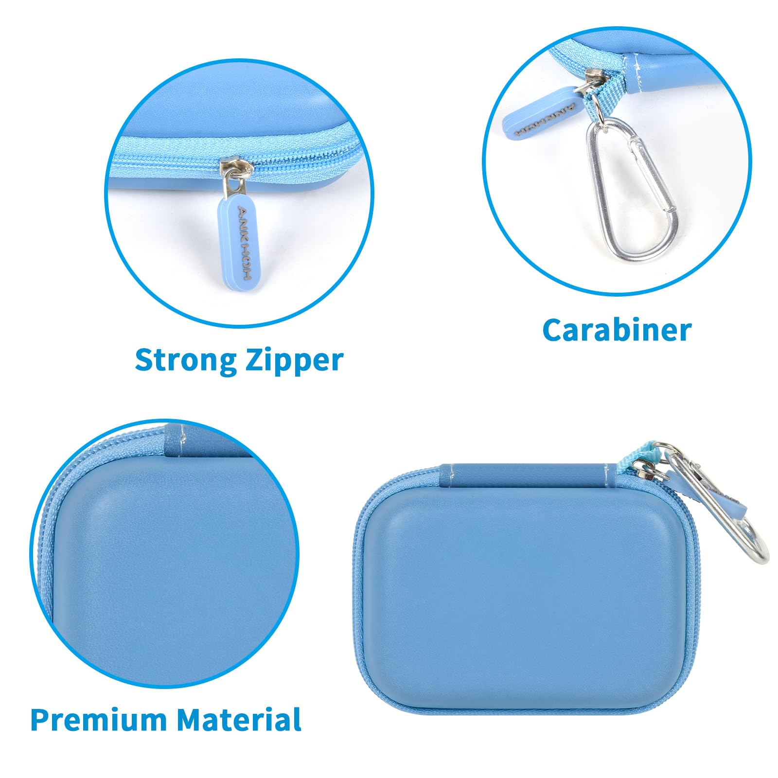 Blue portable SSD case with strong zipper, carabiner, and premium hard-shell material