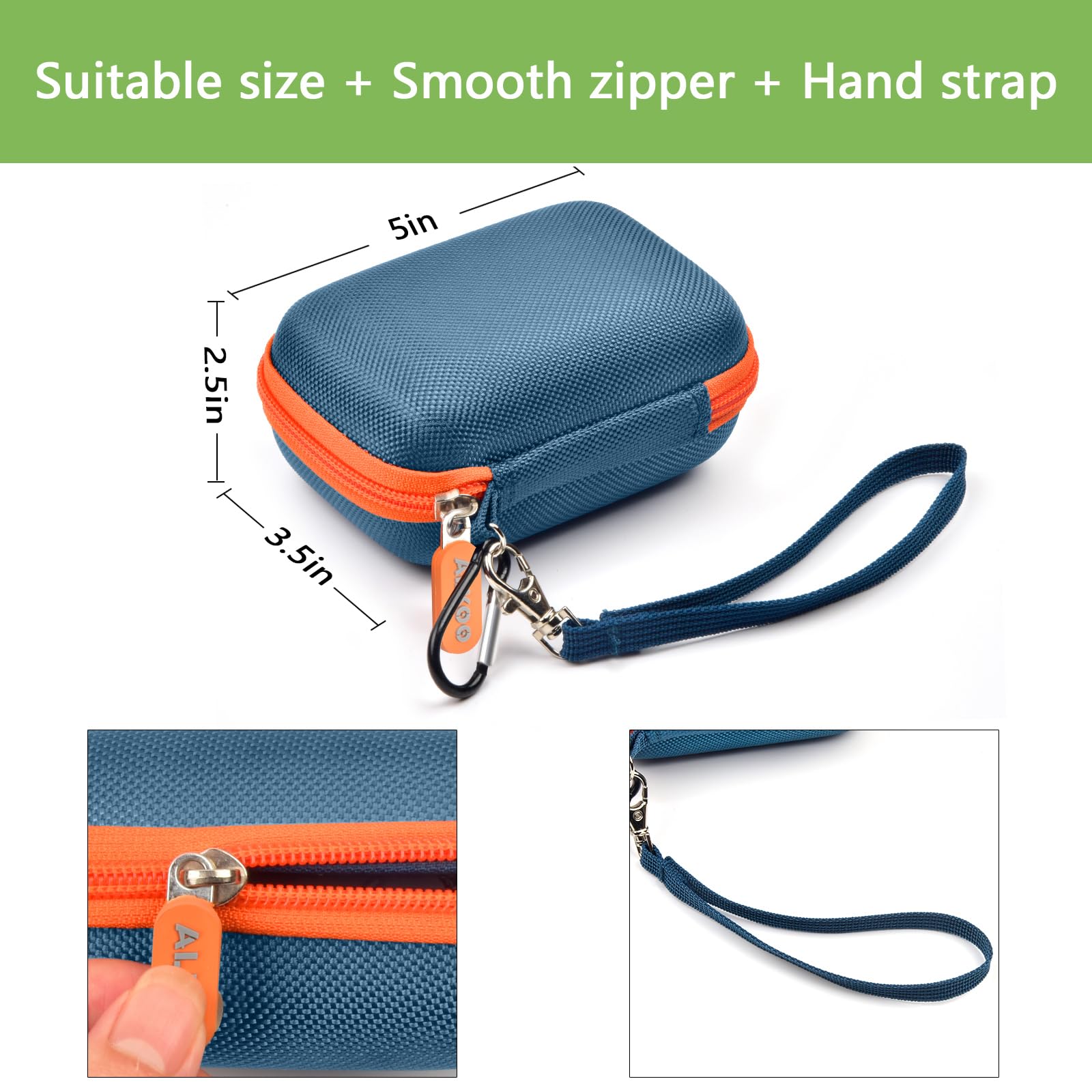 Blue and orange JBL Go speaker case dimensions with smooth zipper and detachable hand strap