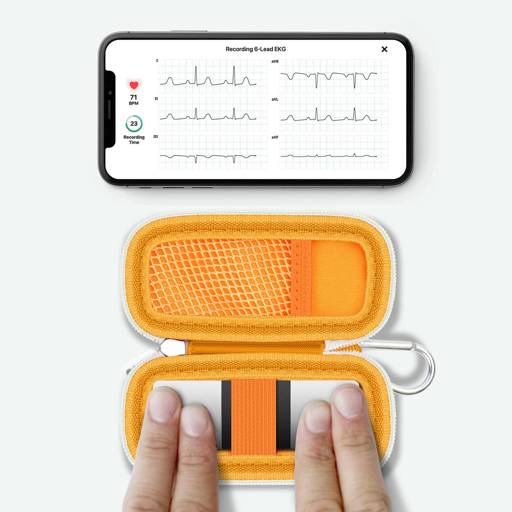 KardiaMobile 6L device used inside the open orange travel case without removal