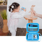 Blue protective digital camera case shown beside a child using a compact camera