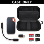Open black SanDisk SSD case with portable drive, cable, and memory cards; case only