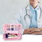 pink checkered stethoscope organizer case open beside a seated healthcare professional