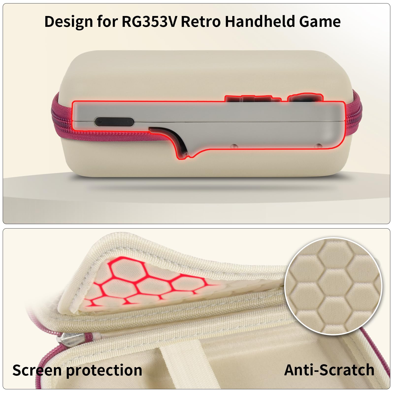 Beige with burgundy trim retro handheld console carrying case protective molded shell and scratch-resistant lining detail