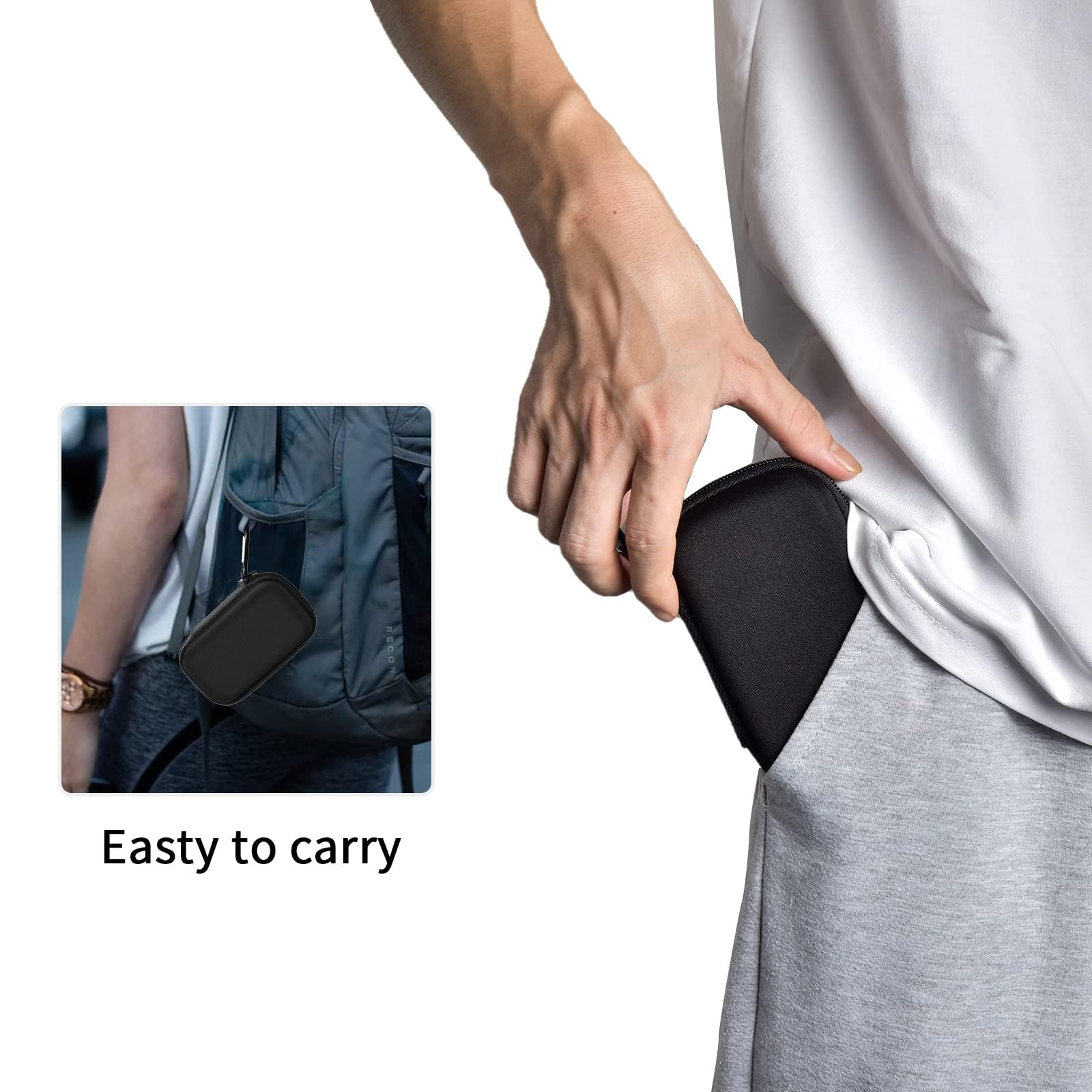 Person carrying the black SSD case by its carabiner