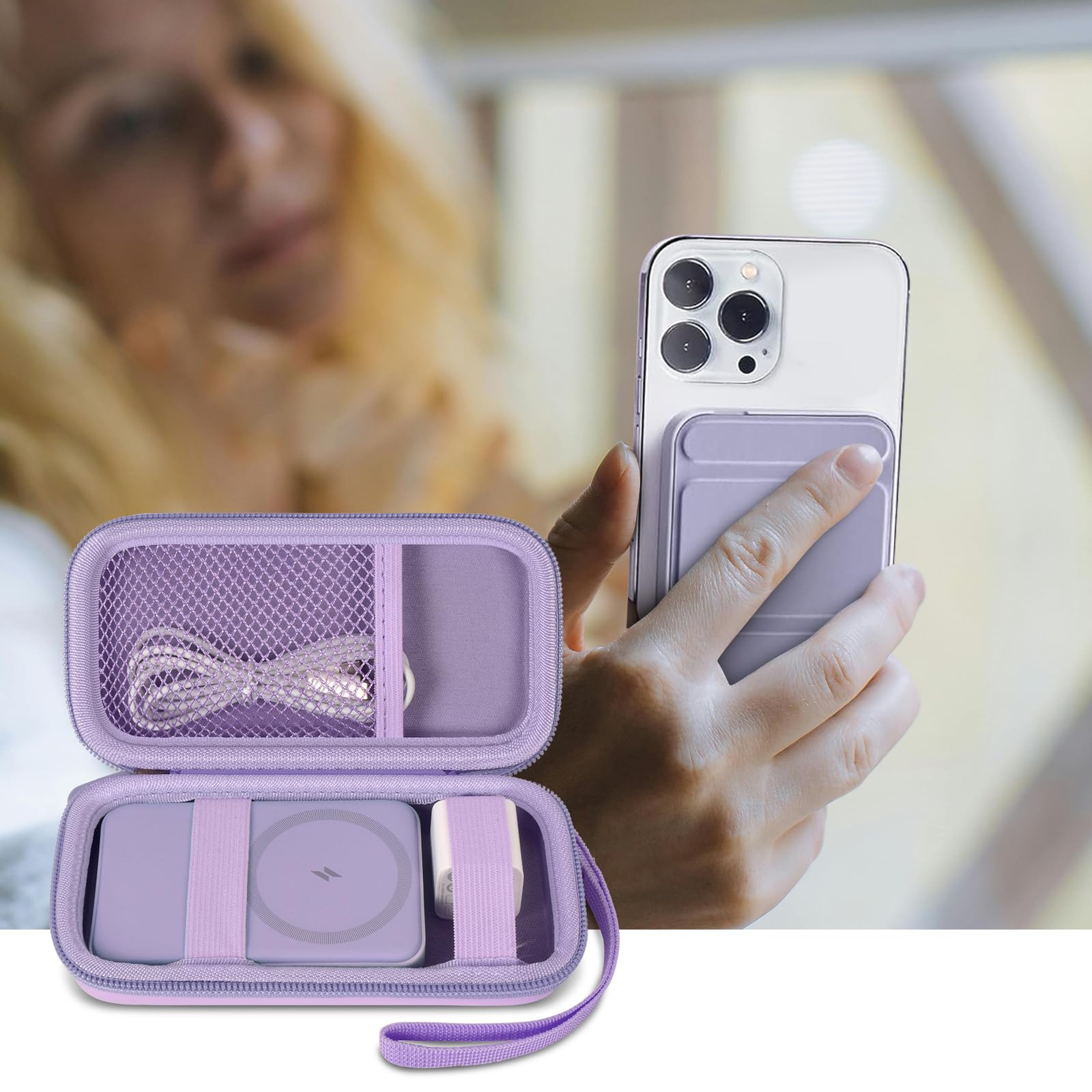 Purple carrying case beside a phone using a magnetic power bank
