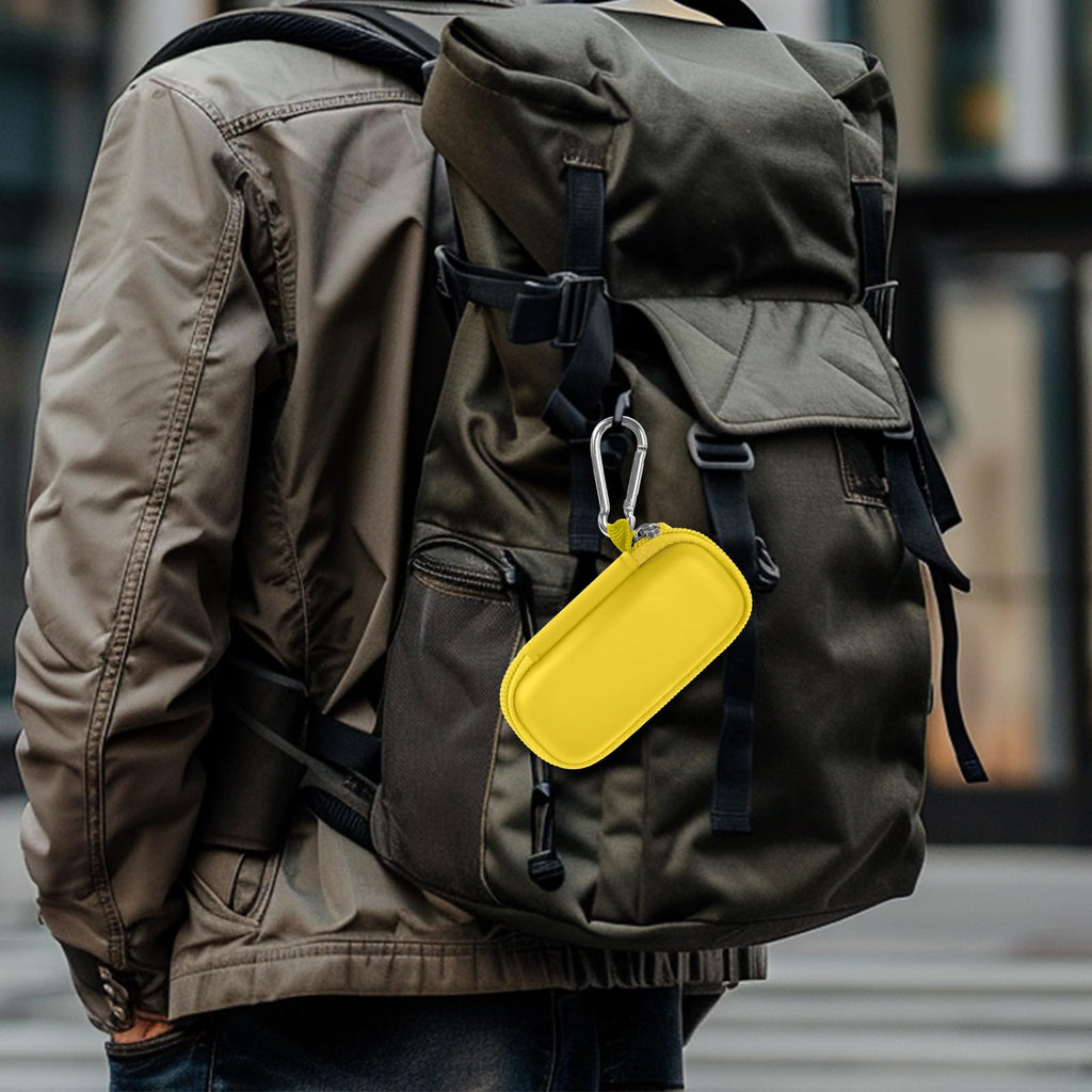 Yellow USB flash drive and SD card storage case clipped to a backpack