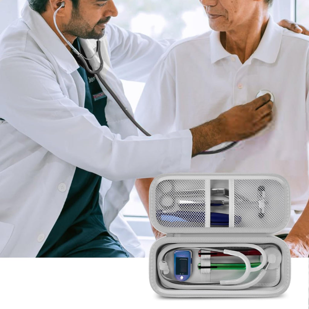 Open gray stethoscope organizer case shown during a patient examination