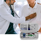 Open gray stethoscope organizer case shown during a patient examination