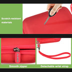 Red protective digital camera case scratch-resistant shell, zipper and wrist strap detail