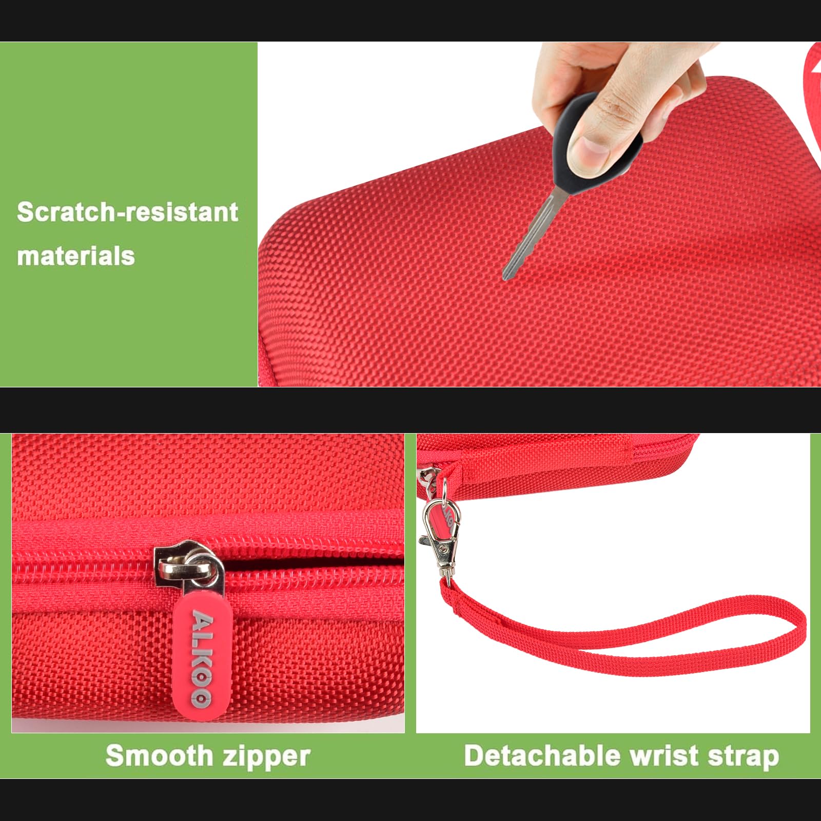 Red protective digital camera case scratch-resistant shell, zipper and wrist strap detail