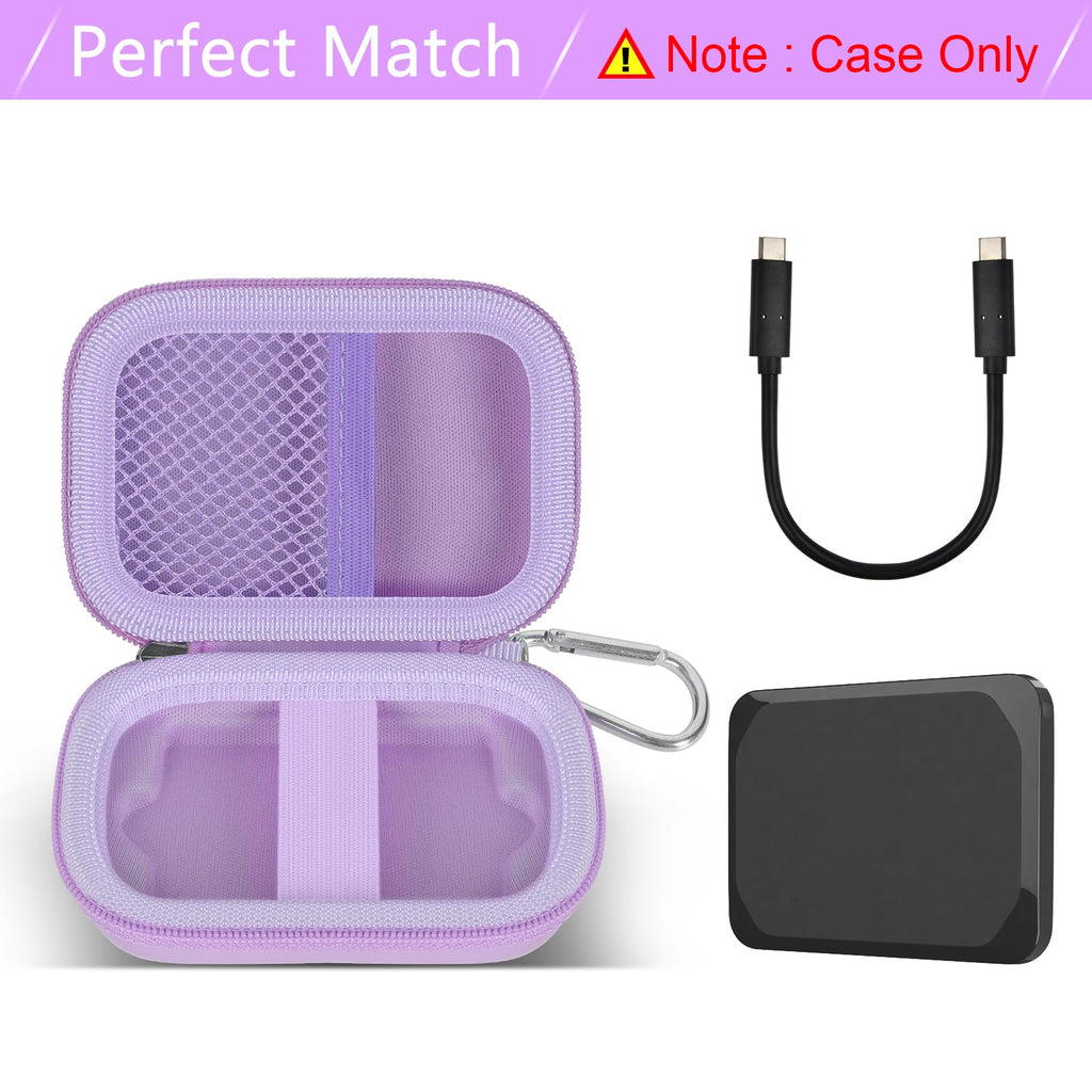 Open lavender Crucial X9 and X10 portable SSD case with mesh cable pocket and elastic strap; case only