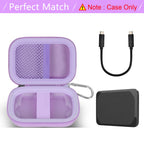 Open lavender Crucial X9 and X10 portable SSD case with mesh cable pocket and elastic strap; case only