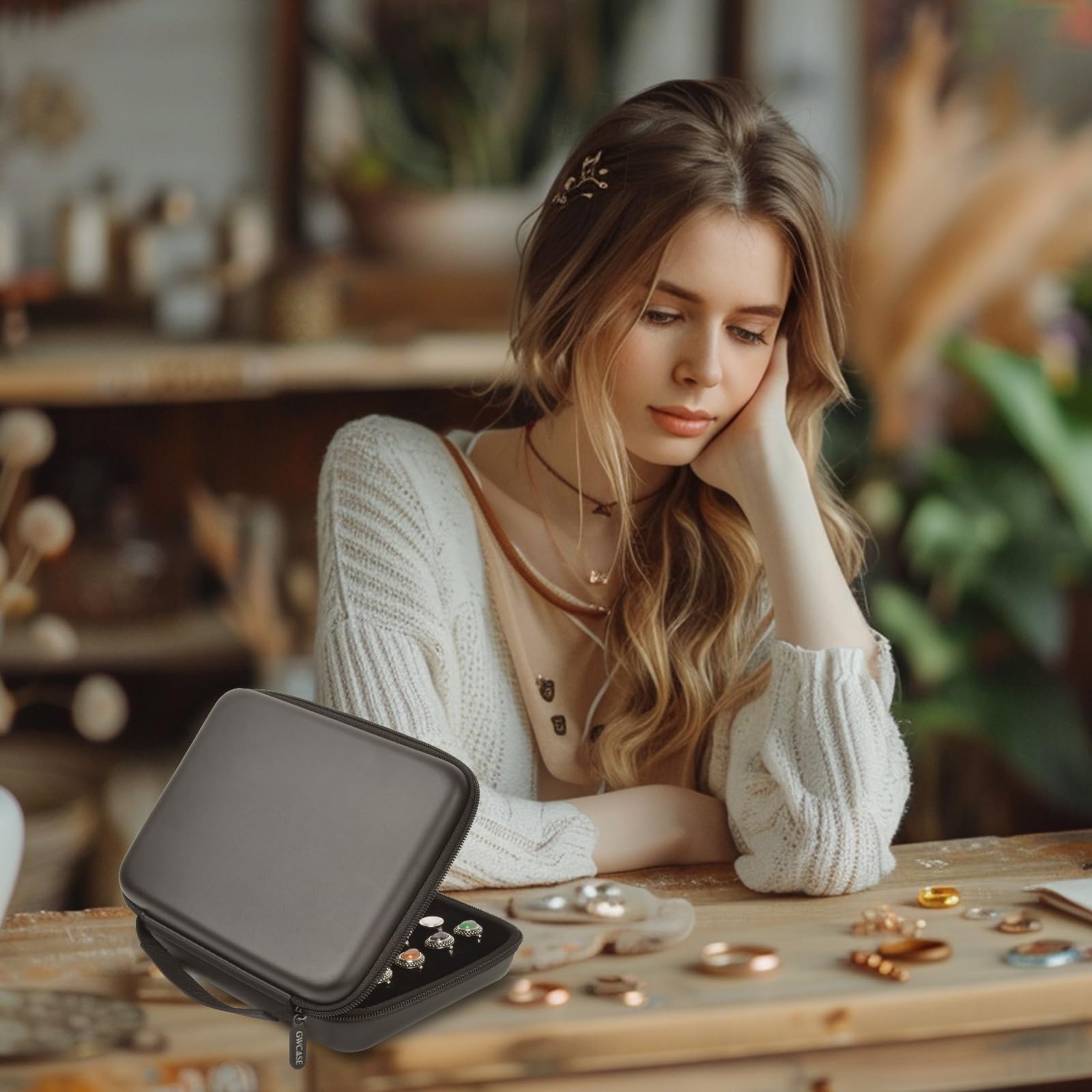 Woman using the black ring organizer on a jewelry worktable