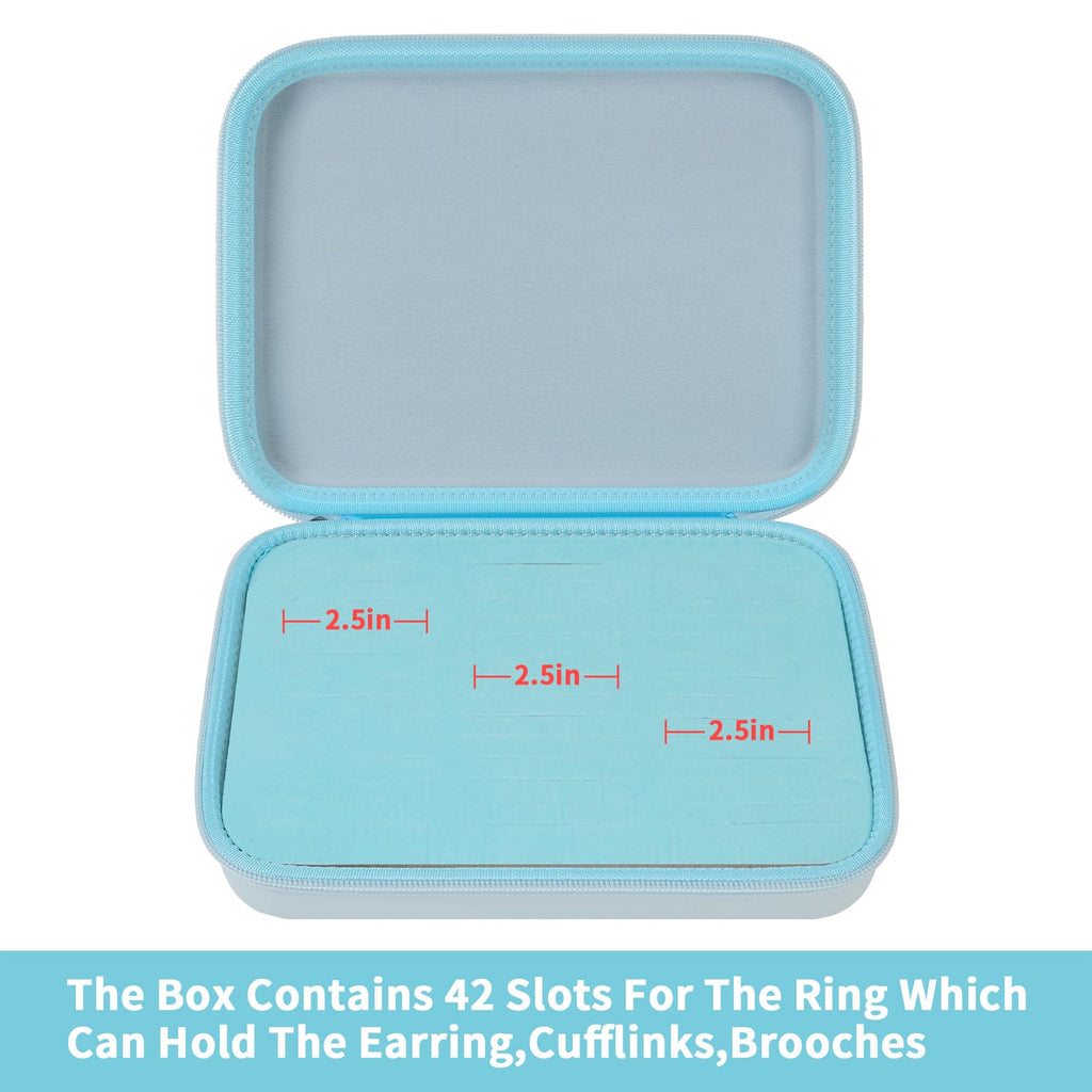 Open blue jewelry organizer showing 42 padded slots for rings and small accessories