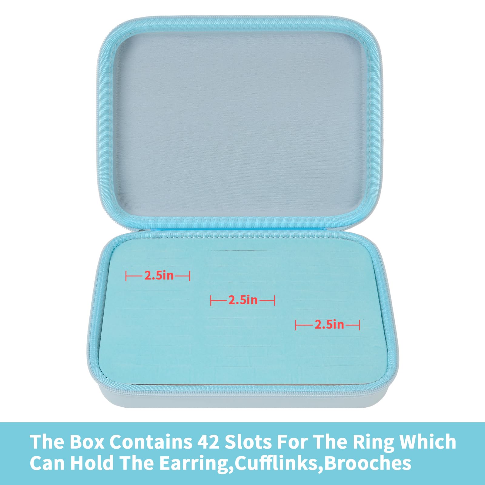 Open blue jewelry organizer showing 42 padded slots for rings and small accessories