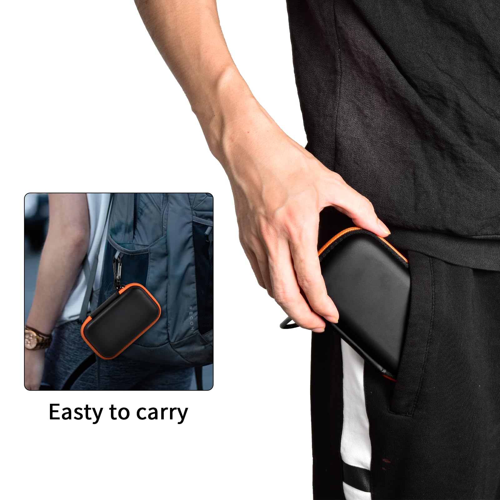 Person carrying the black and orange SSD case by its carabiner