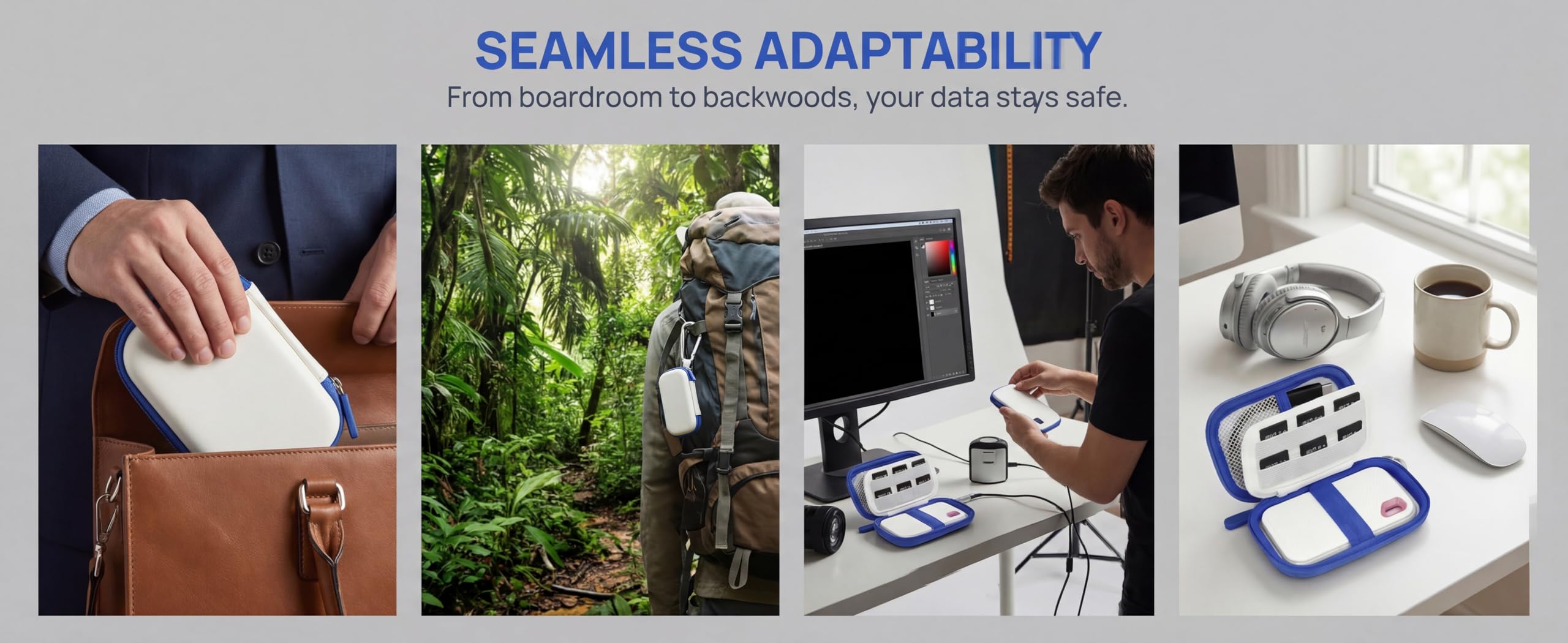 Collage showing the SanDisk SSD case used at home, outdoors, and while traveling