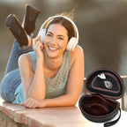 Woman wearing headphones beside the open brown carrying case