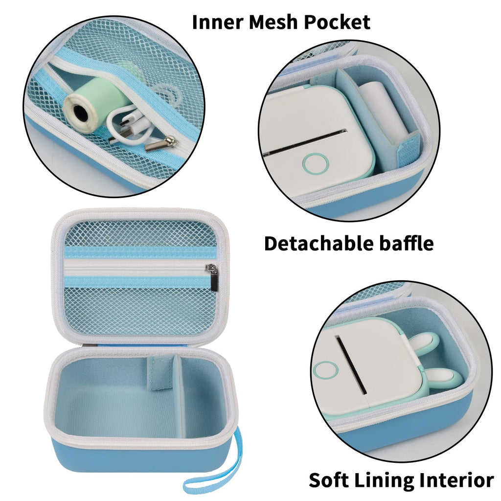 Blue label maker case interior with mesh pocket, removable divider, and soft lining