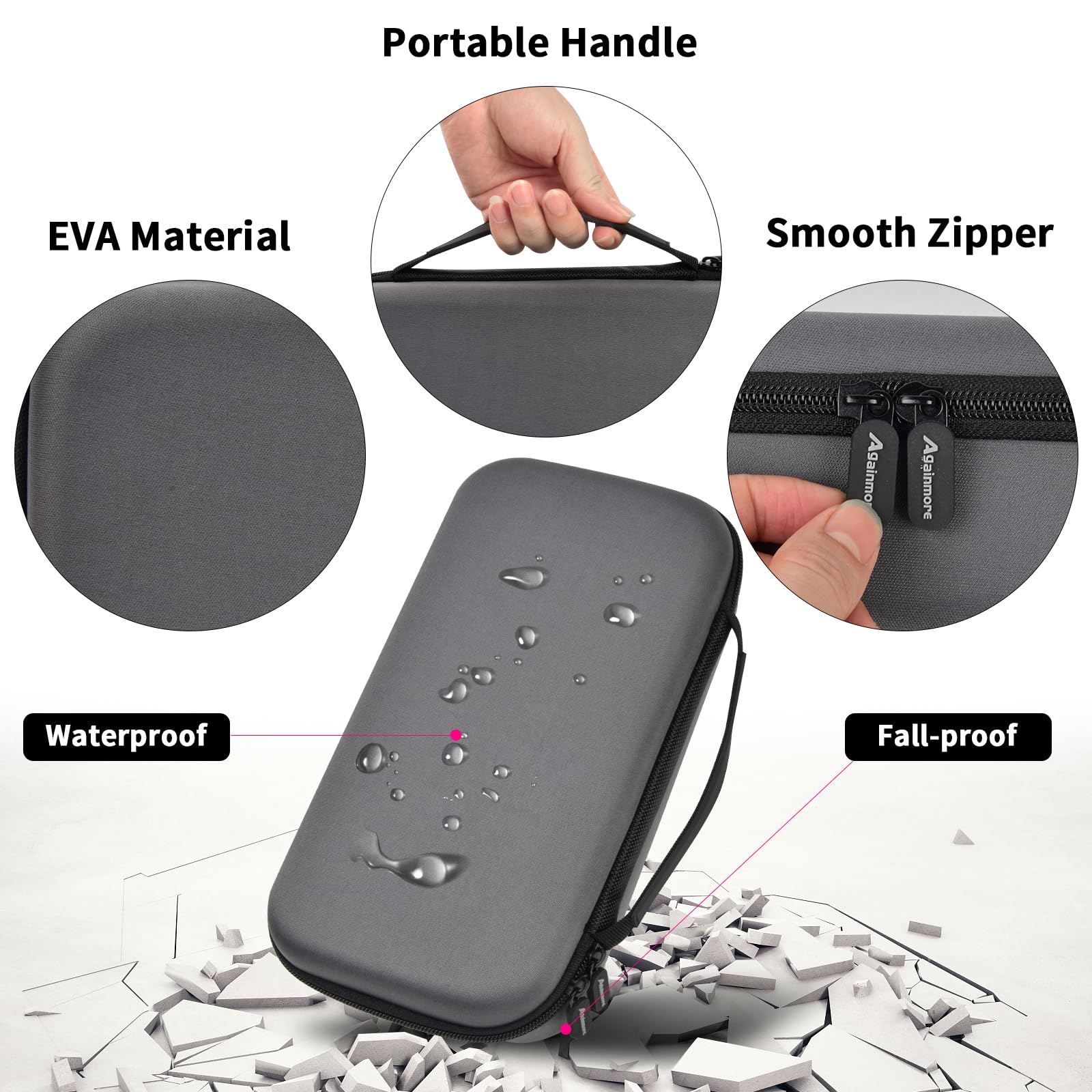 Dark gray dual microphone case with EVA shell, portable handle, smooth zipper, and water-resistant protection