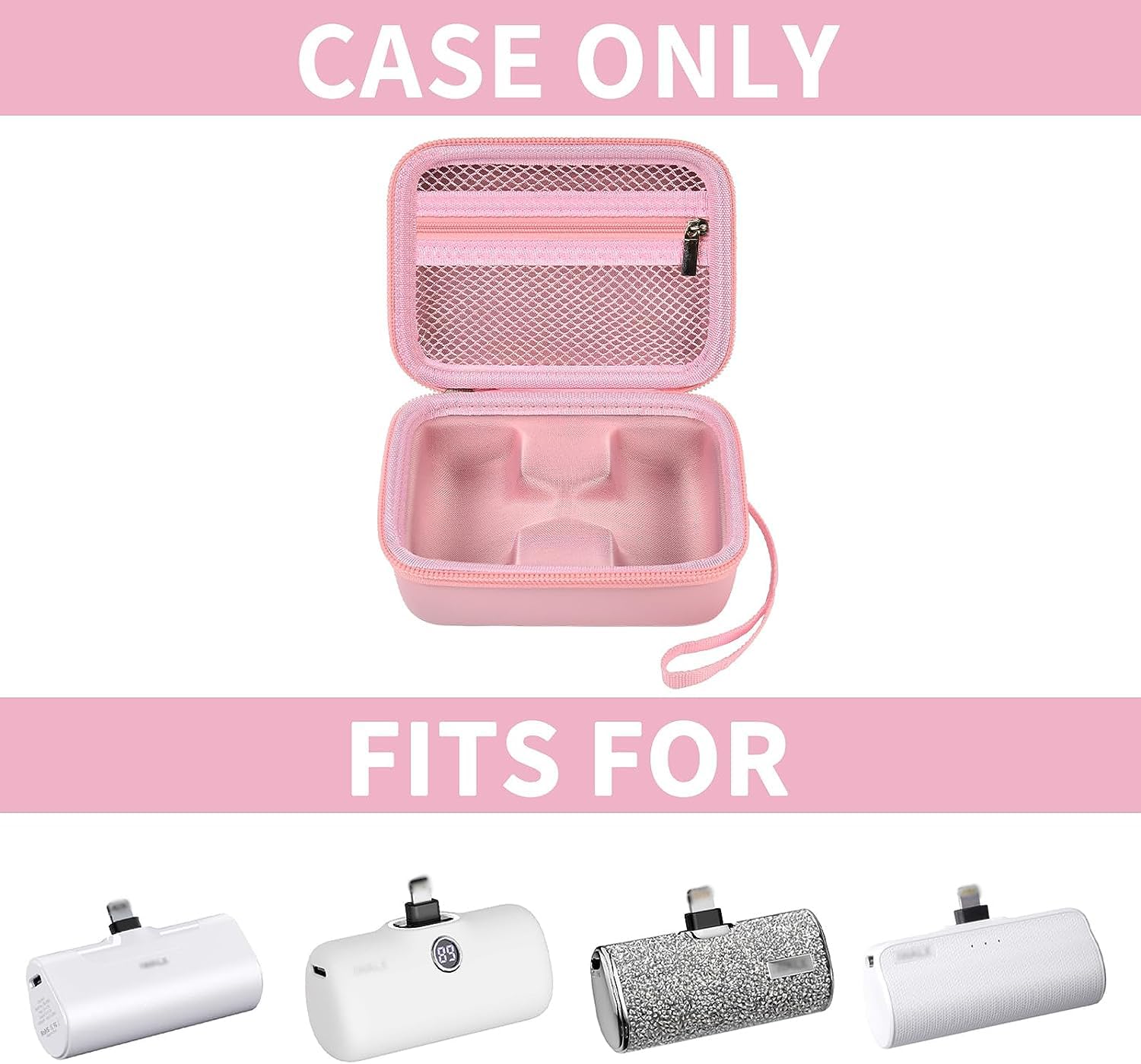 Open light pink mini power bank case shown with compatible portable chargers; case only