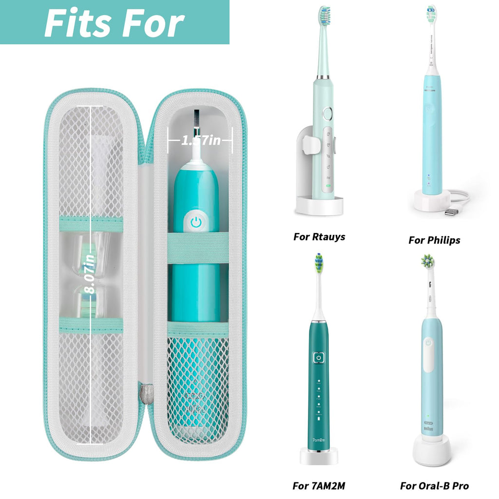 Open white and teal toothbrush case shown with compatible Oral-B and Philips Sonicare handles