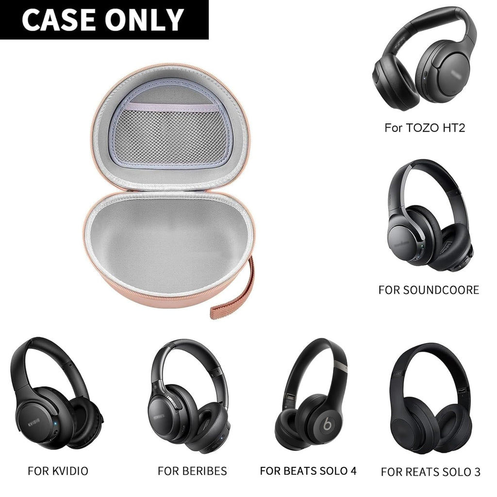 Open rose gold extra-large headphone case shown with compatible over-ear headphone styles; case only