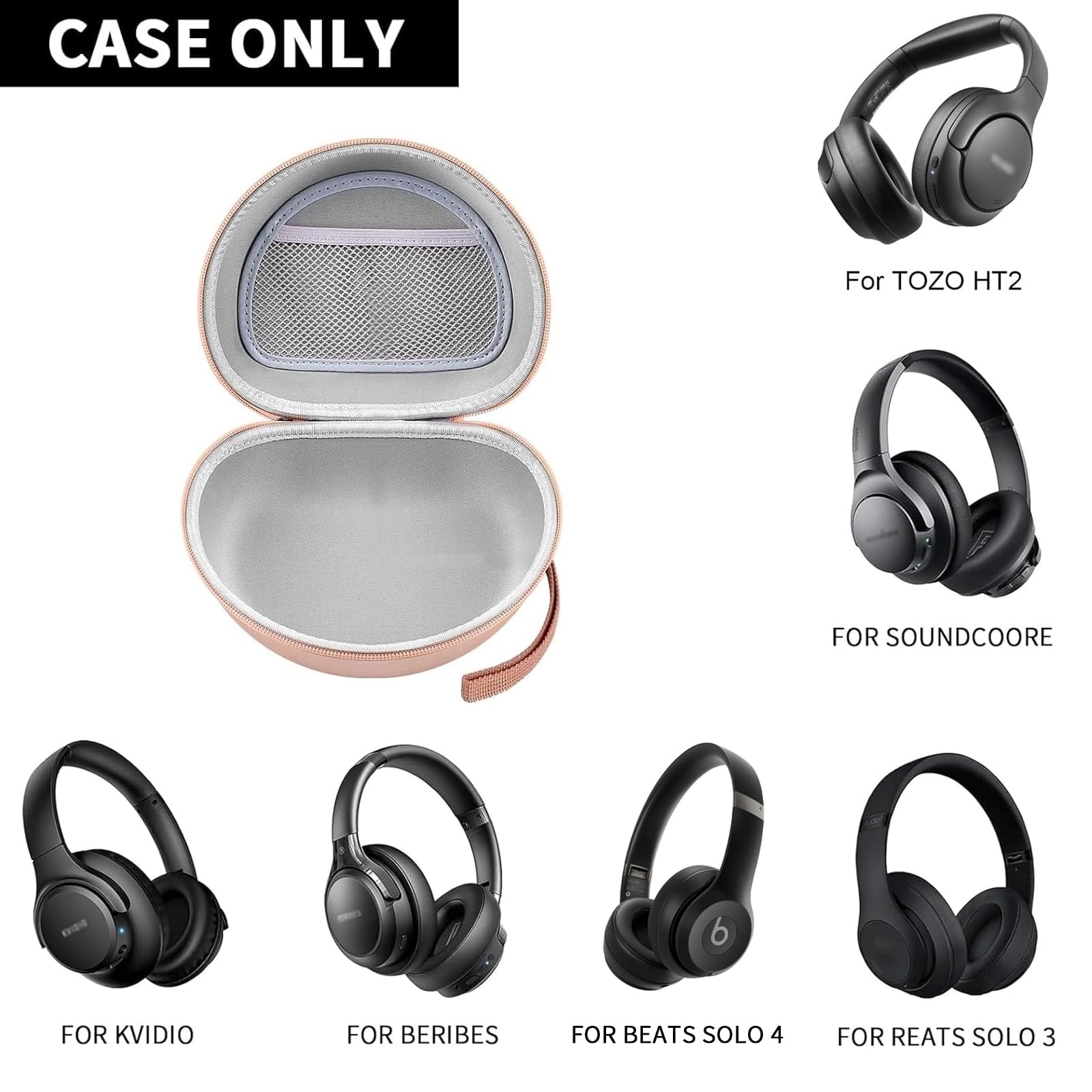 Open rose gold extra-large headphone case shown with compatible over-ear headphone styles; case only