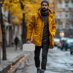 Person carrying the light gray dual microphone case by its top handle