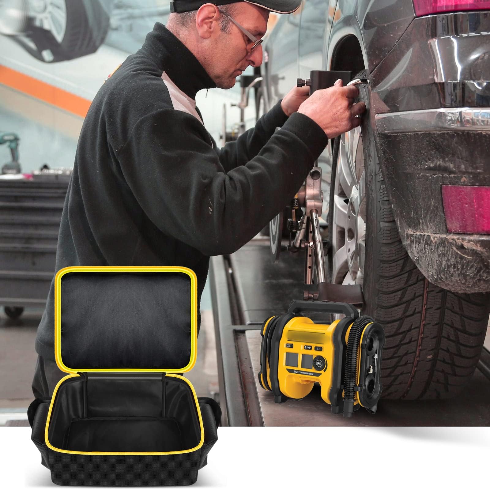 Open black and yellow air compressor bag beside a DEWALT tire inflator at a vehicle