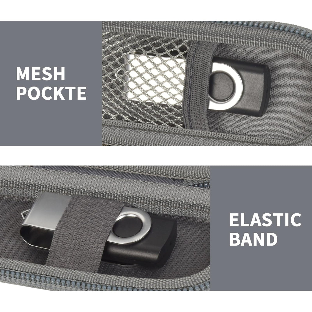 Dark gray USB flash drive and SD card storage case mesh pocket and elastic strap interior