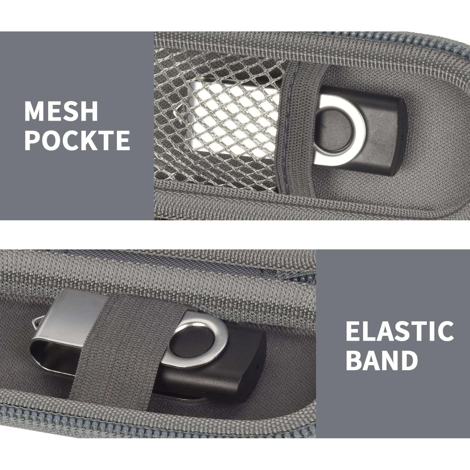 Dark gray USB flash drive and SD card storage case mesh pocket and elastic strap interior