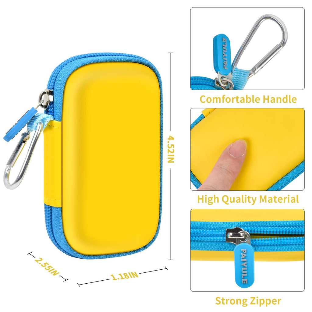 Yellow portable SSD case dimensions with carabiner, zipper, and hard shell