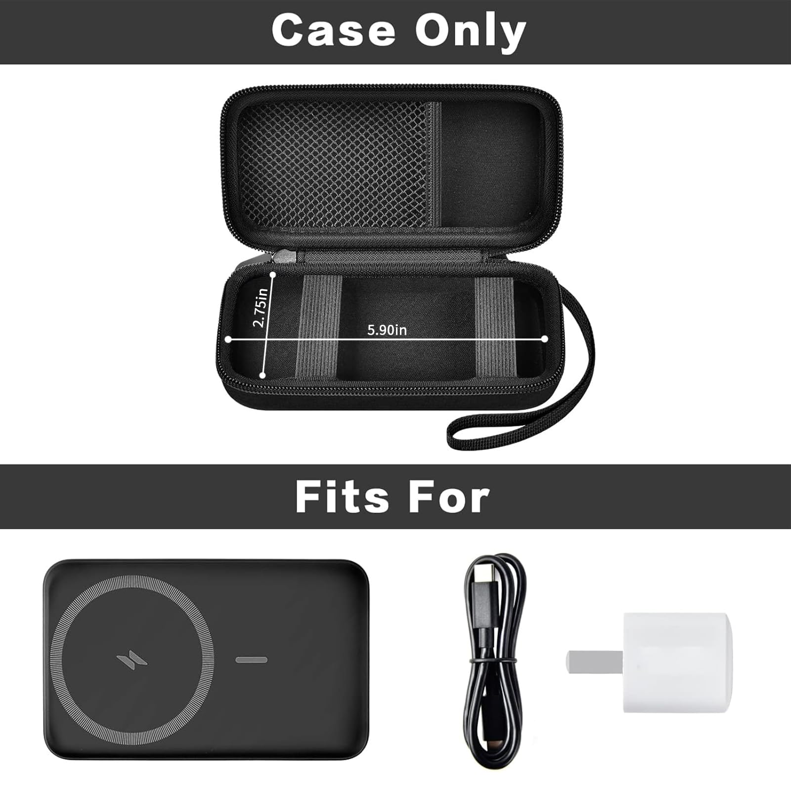 Open black MagSafe power bank case with mesh pocket and elastic retaining straps; case only