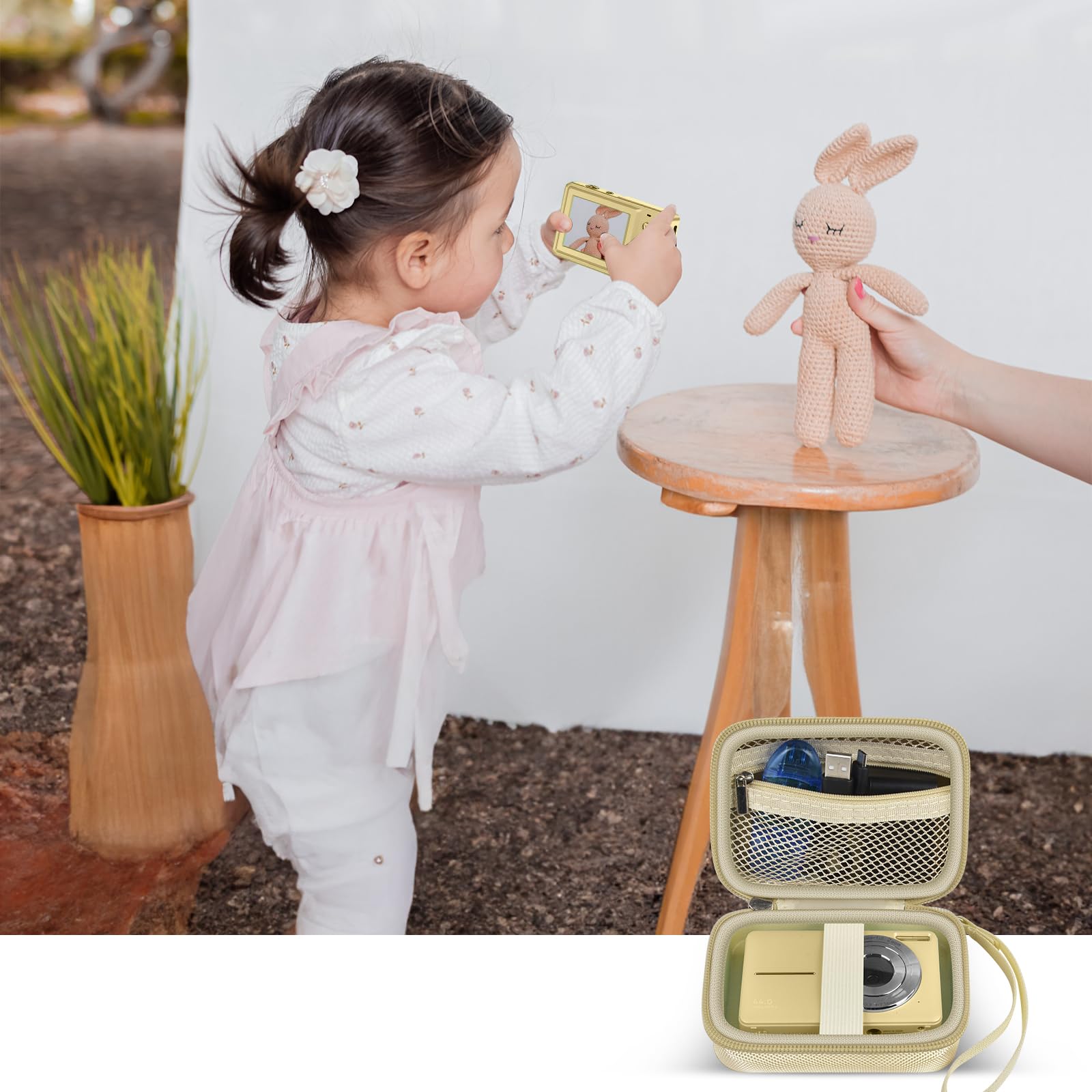 Beige protective digital camera case shown beside a child using a compact camera
