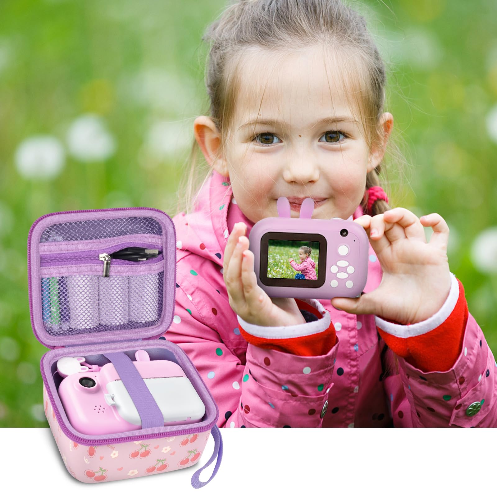 Floral pink kids instant print camera case open beside a child using the camera with a parent
