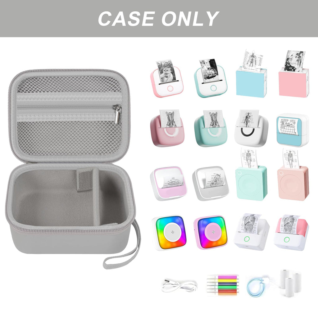 Open gray mini label printer case shown with compatible Memoking and Phomemo printers; case only