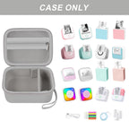 Open gray mini label printer case shown with compatible Memoking and Phomemo printers; case only