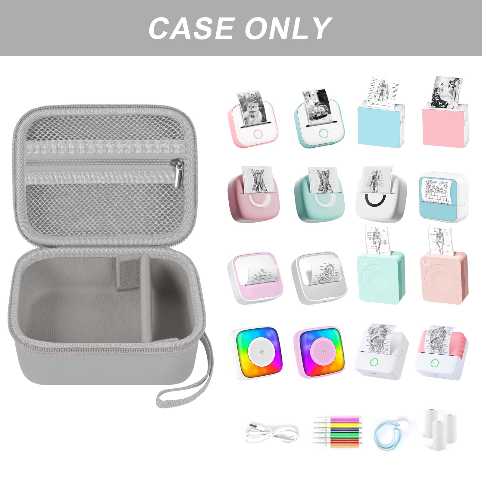 Open gray mini label printer case shown with compatible Memoking and Phomemo printers; case only