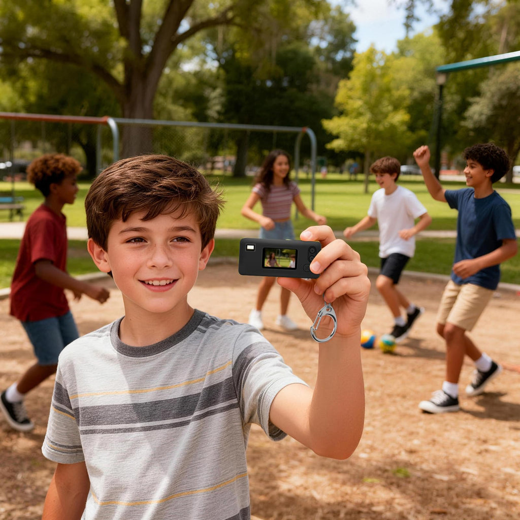 Black silicone case for Kodak Charmera keychain camera shown with a child using the keychain camera outdoors