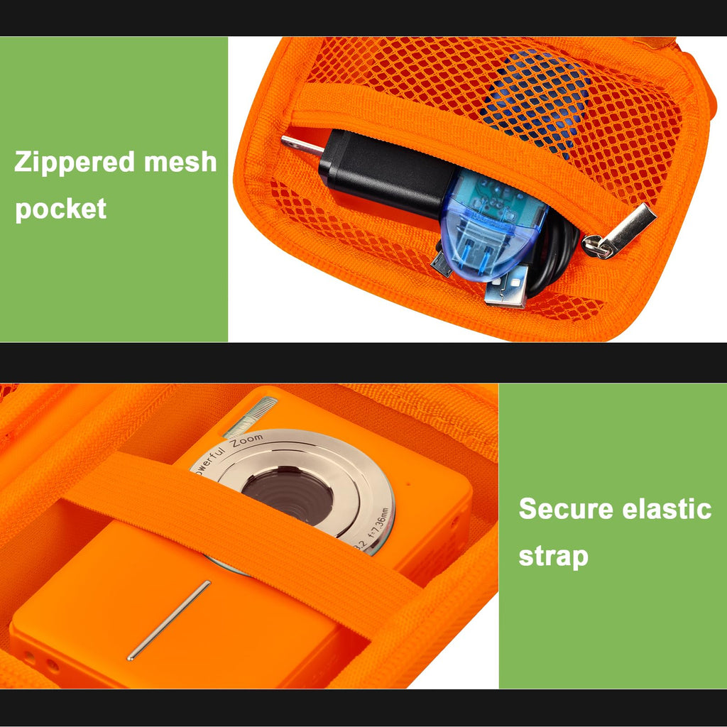 Orange protective digital camera case zippered mesh pocket and elastic camera strap interior