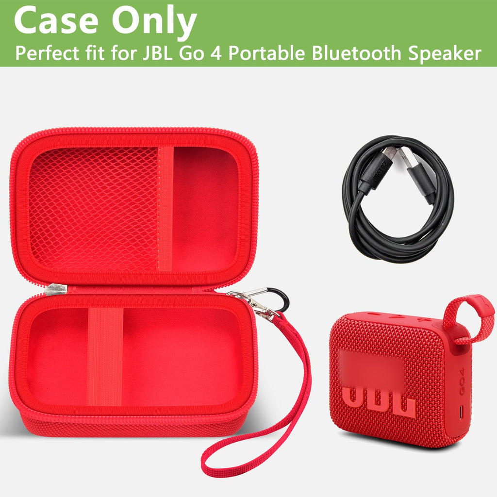 Open red JBL Go speaker case with mesh cable pocket and elastic retaining strap; case only