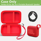 Open red JBL Go speaker case with mesh cable pocket and elastic retaining strap; case only