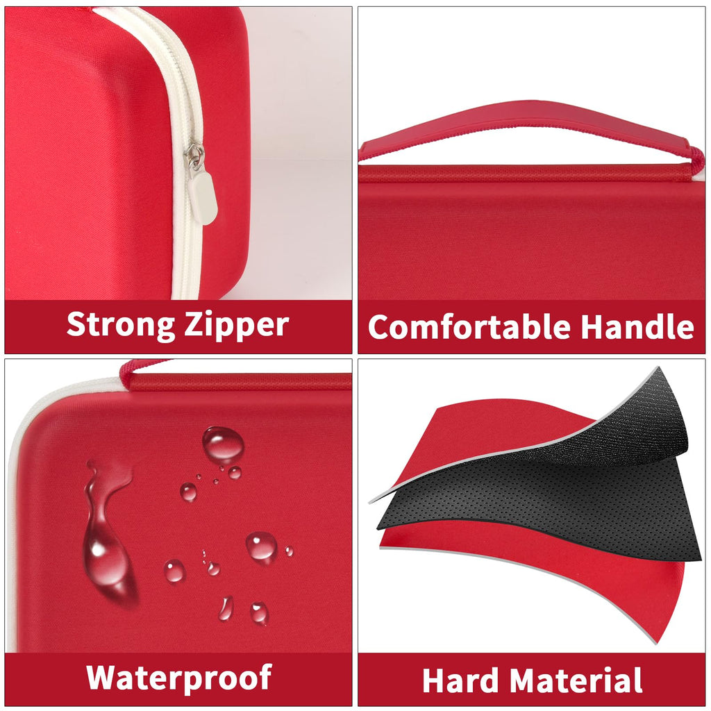 Red label maker case with strong zipper, handle, water-resistant shell, and hard material