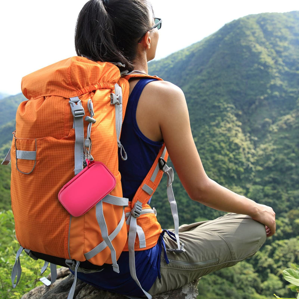 Pink music player case clipped to a hiking backpack