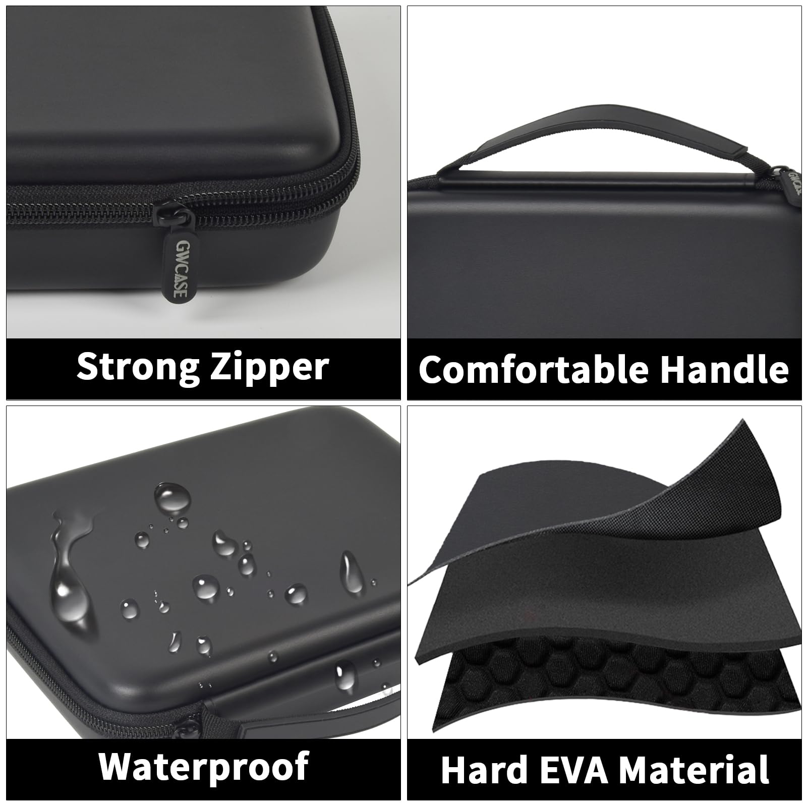 Black jewelry case with strong zipper, handle, water-resistant shell, and hard EVA construction